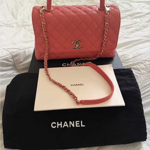CHANEL Handbags - CHANEL Quilted Shoulder Bag in Coral Pink with Gold Hardware